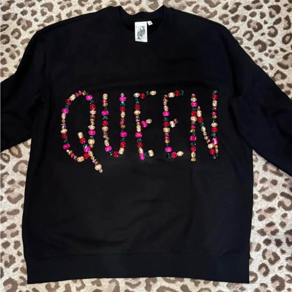 QUEEN OF SPARKLES Black Sweatshirt with Colorful Jewel Embellishments